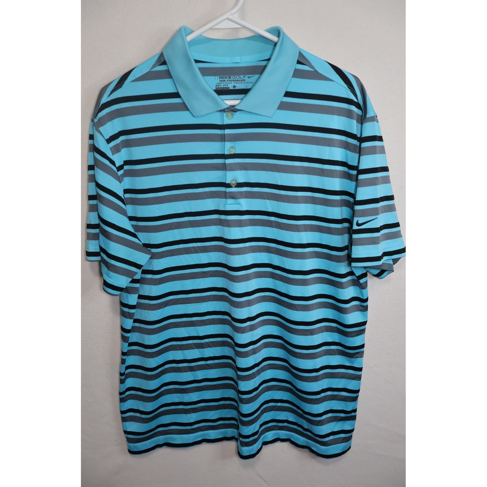 Nike Golf Tour Performance Dri-FIT Polo Shirt Mens Large Blue Striped Short Slv